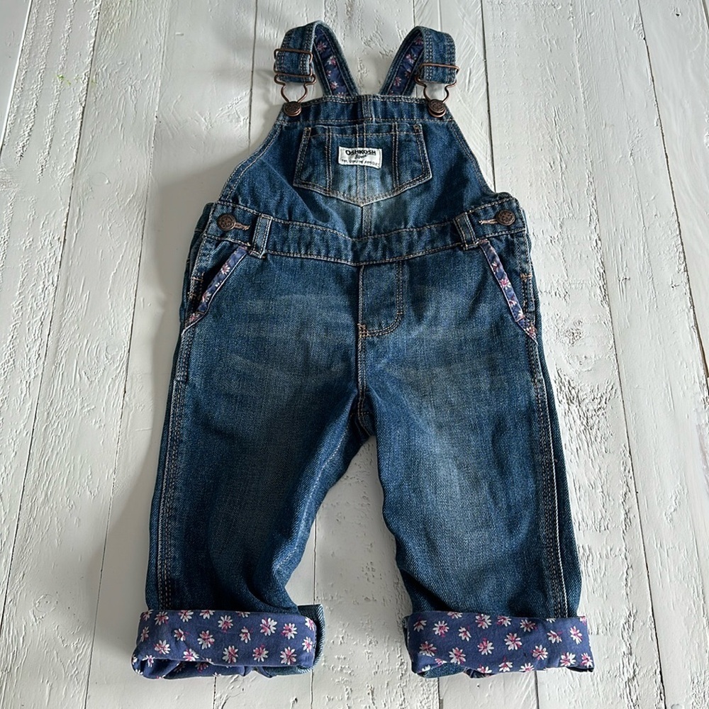 🧡12m VTG OshKosh denim overalls with floral print roll up hems, and pockets
